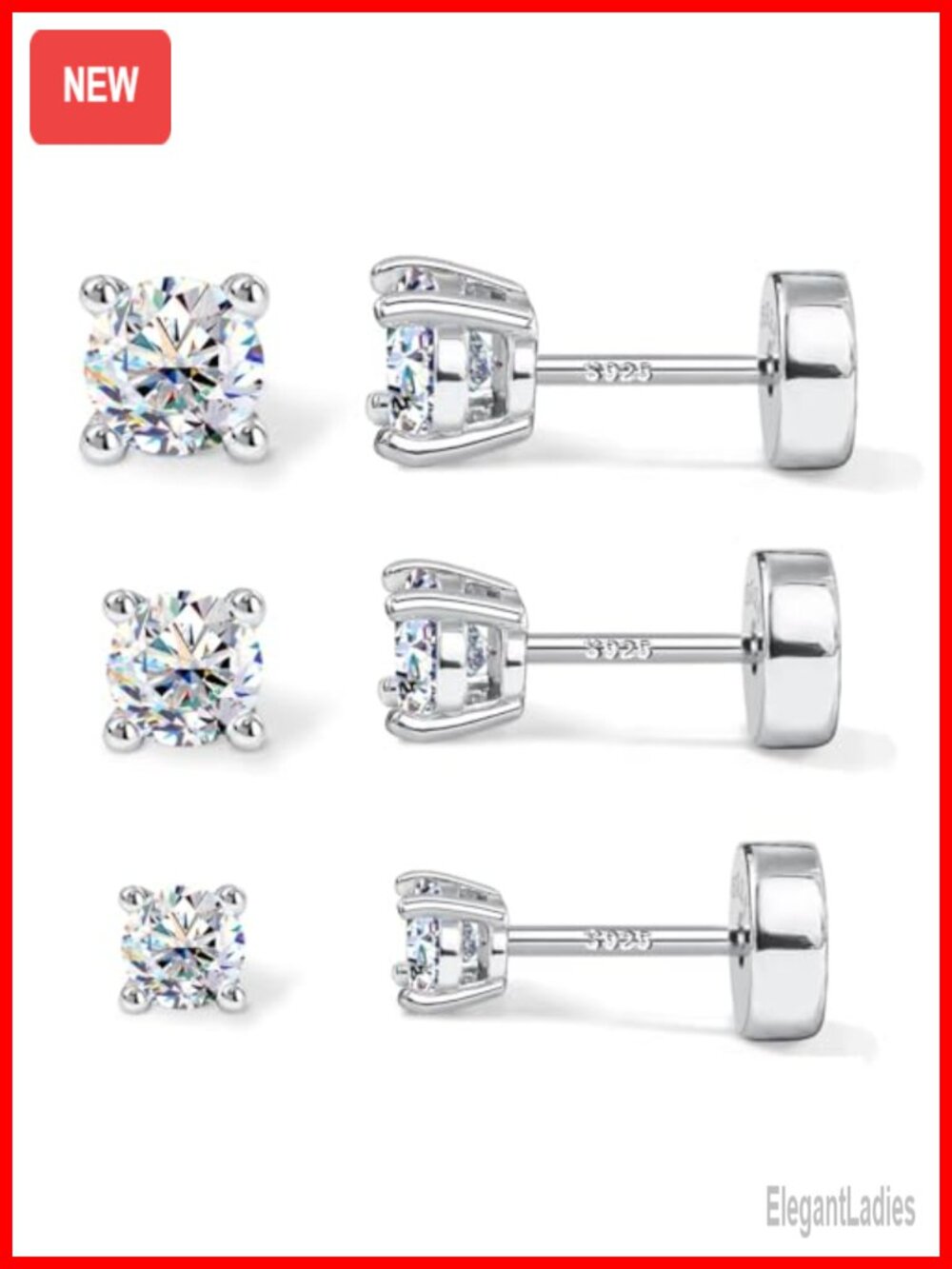 14K Gold Plated Cubic Zirconia Stud Earrings 3 Pairs 925 Sterling Silver Flat